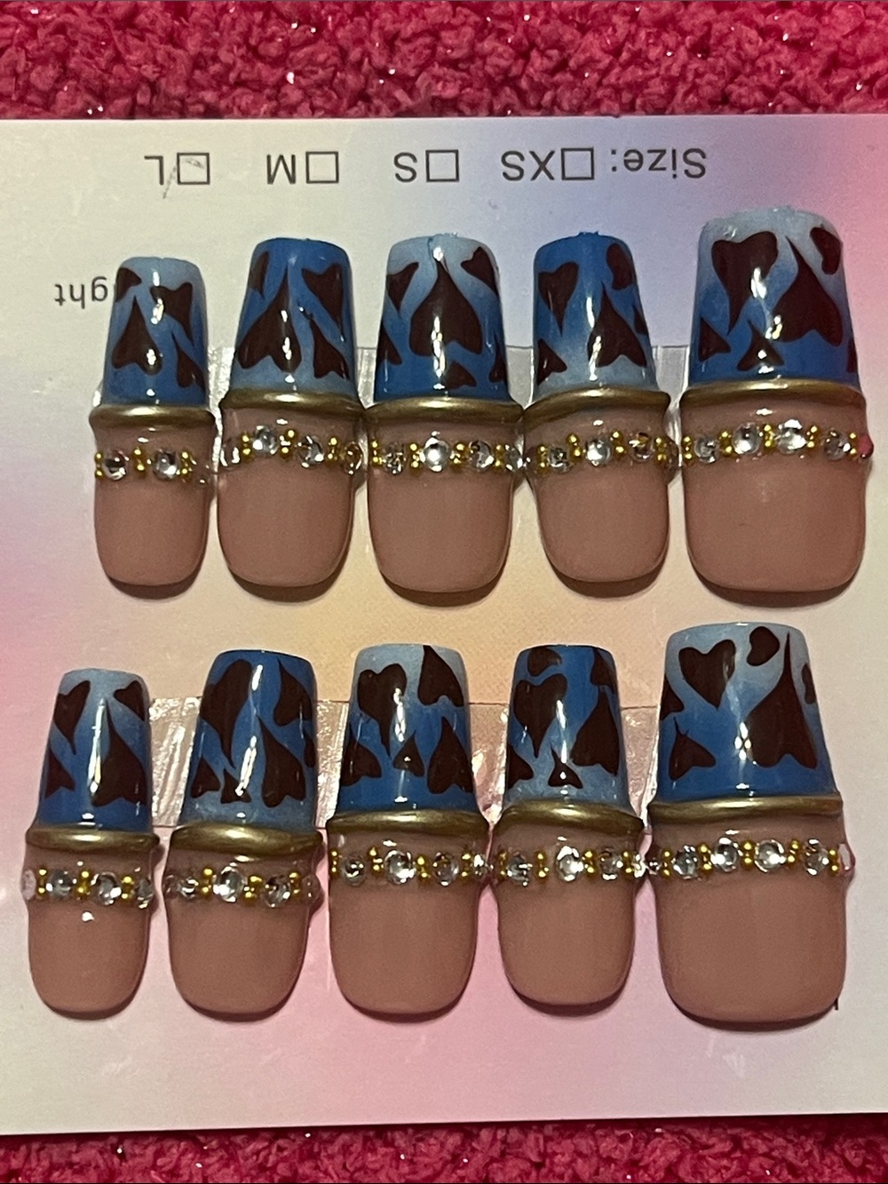 Blue Heart French Press-On Nails with Rhinestone Accent - Women